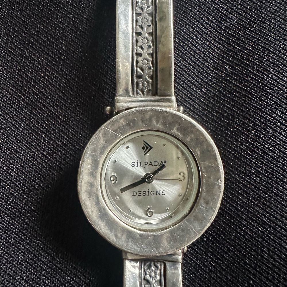 Silpada Silver watch with Textured Band, safety chain and adjustable clasp